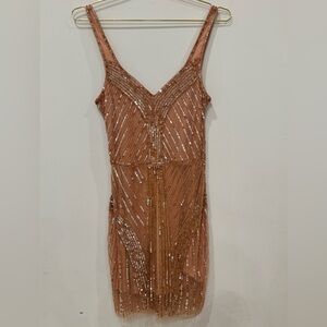 Parker Rose Peach Sequin V-Neck Bodycon Dress | Size 8 | NWT